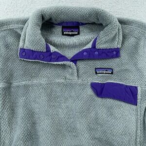 Patagonia Re-Tool Snap-T‎ Fleece Pullover Womens Large Gray Purple Trim Pockets